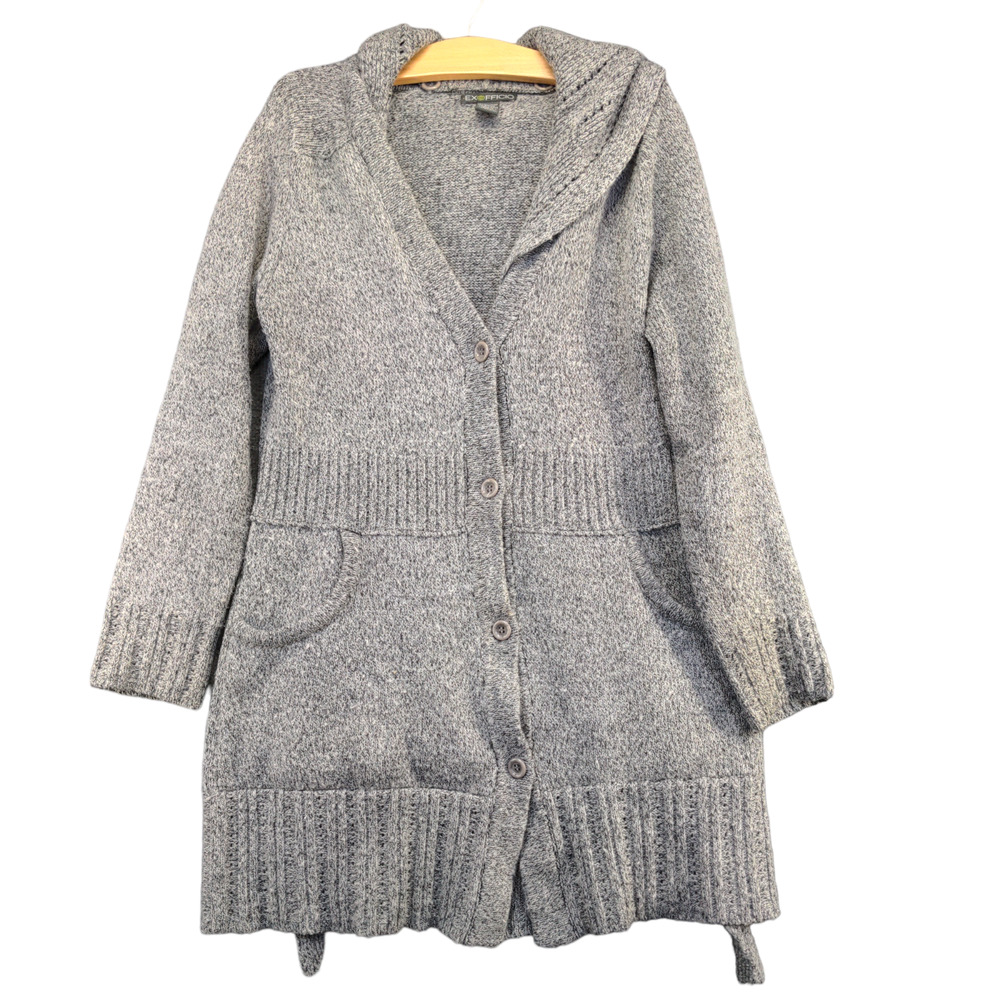 Exofficio Women's Button Front Hooded Cardigan Sweater Gray Large Pockets